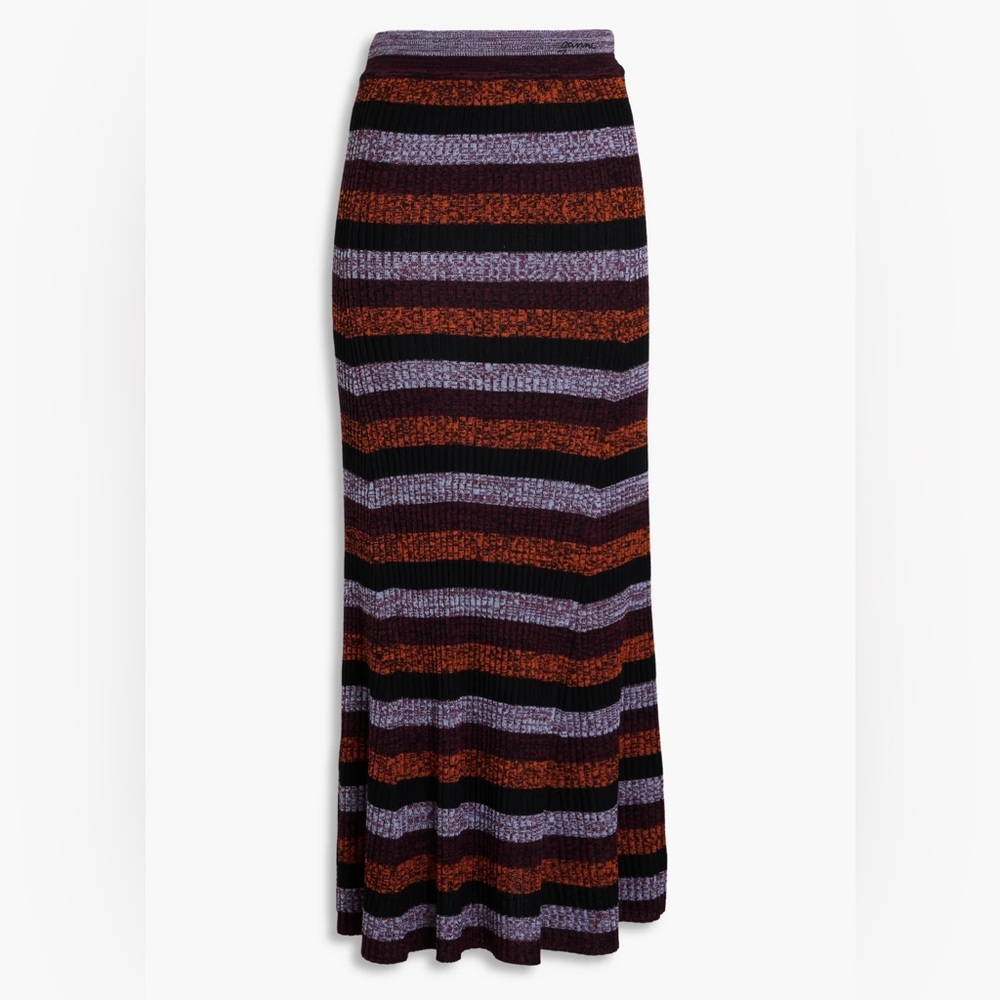 NWOT Ganni Sprayed Merino Rib Maxi Skirt in Stripe Size Small